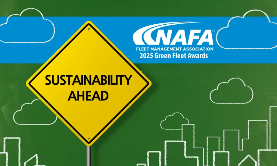 Green background with chalk drawings of city skyline and clouds, inset traffic sign that says Sustainability Ahead, logo for NAFA, small headline 2025 Green Fleet Awards.
