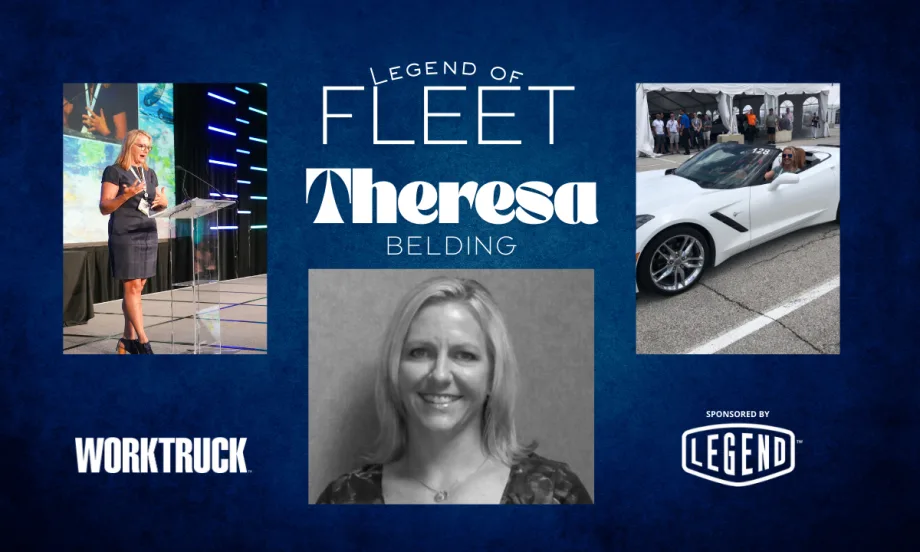 Legends of Fleet Theresa Belding with images of her on stage, headshot, and in a white car.