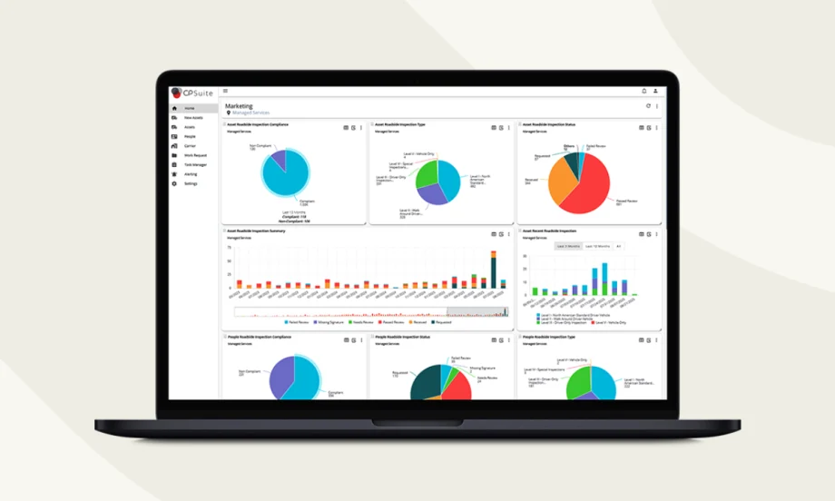 Laptop screen showing CPSuite’s roadside inspection SmartTiles with charts and graphs tracking driver and asset compliance, inspection types, and pass/fail outcomes.