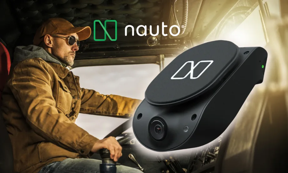 Background photo of man driving a truck with inset image of a in-cab camera and a logo for Nauto.