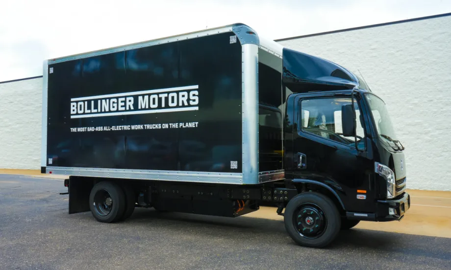 Bollinger B4 all-electric Class 4 chassis cab truck with box body, now offered by Ziegler and Range Truck Group in Minnesota, Wisconsin, Iowa, and Washington.