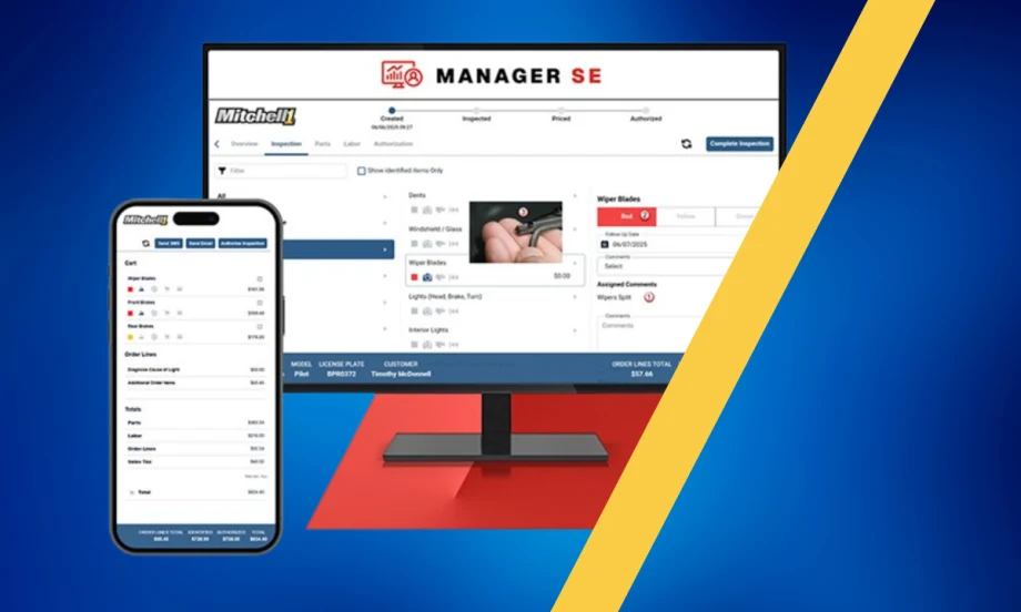 Blue background with inset image of auto shop software displayed on both a smart phone and a computer screen.
