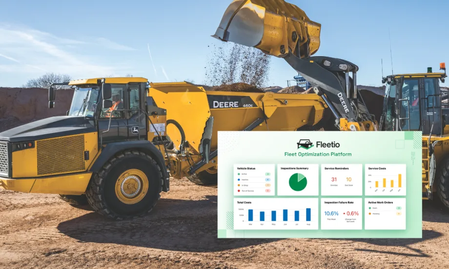 John Deere heavy equipment at a job site with Fleetio fleet optimization platform dashboard overlay showing equipment health and maintenance data.
