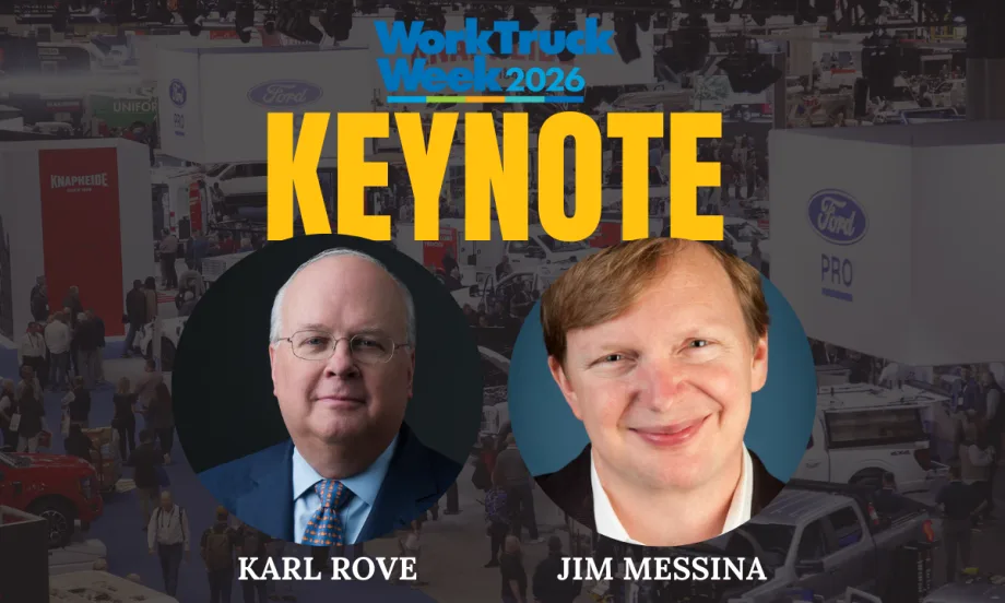 Graphic promoting Work Truck Week 2026 keynote featuring Karl Rove and Jim Messina with event background.