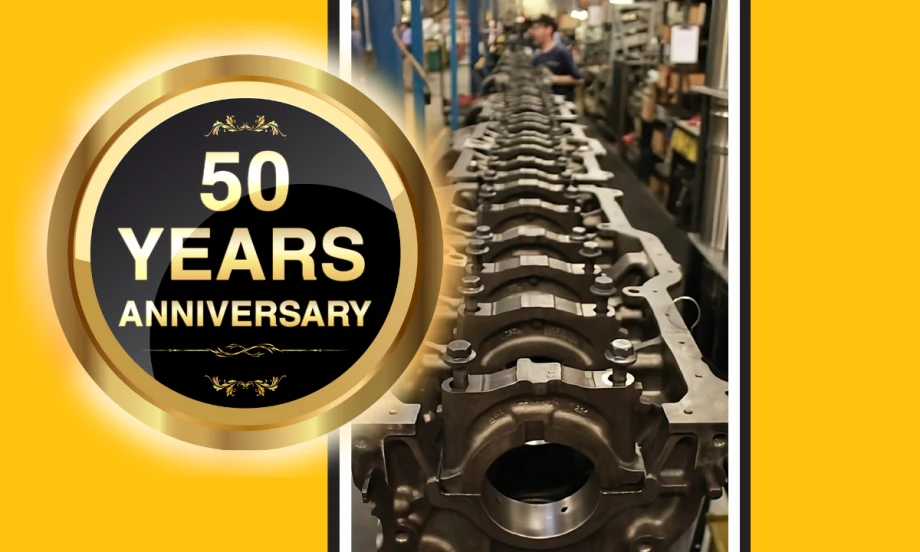 Gold background with inset round graphic for 20 years anniversary and an inset image of automotive part remanufacturing line.