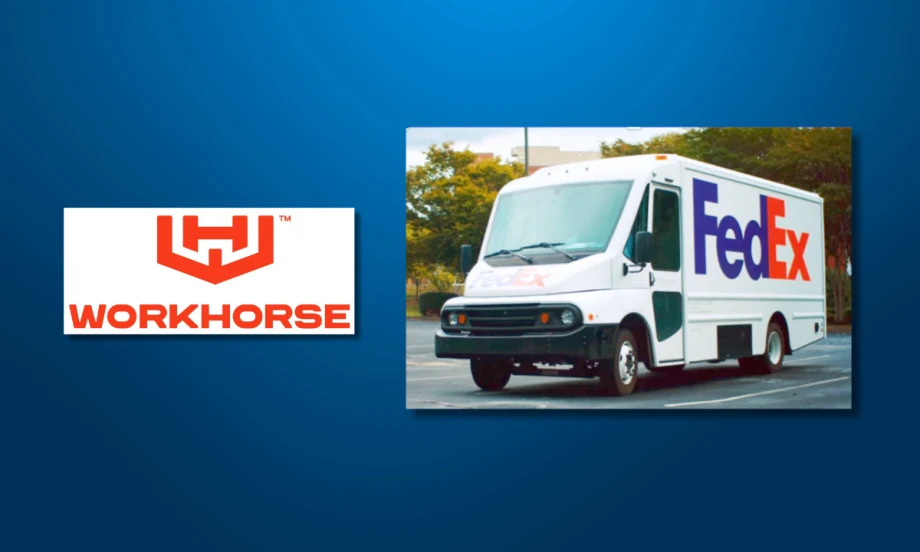 Workhorse logo alongside a FedEx-branded Workhorse W56 step van parked outdoors, representing the vehicle in service with FedEx fleets.