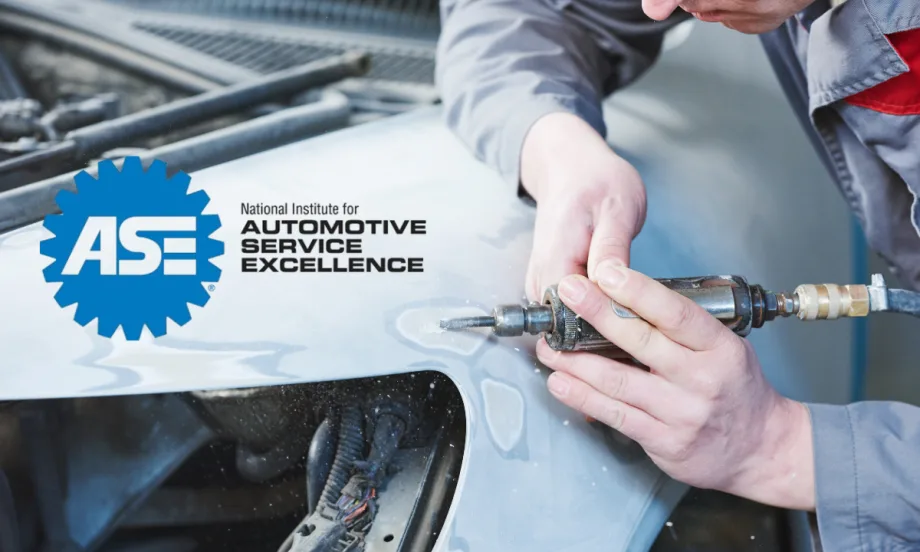 Close up of hands and tool doing collision repair on the side of a car and inset logo for ASE.