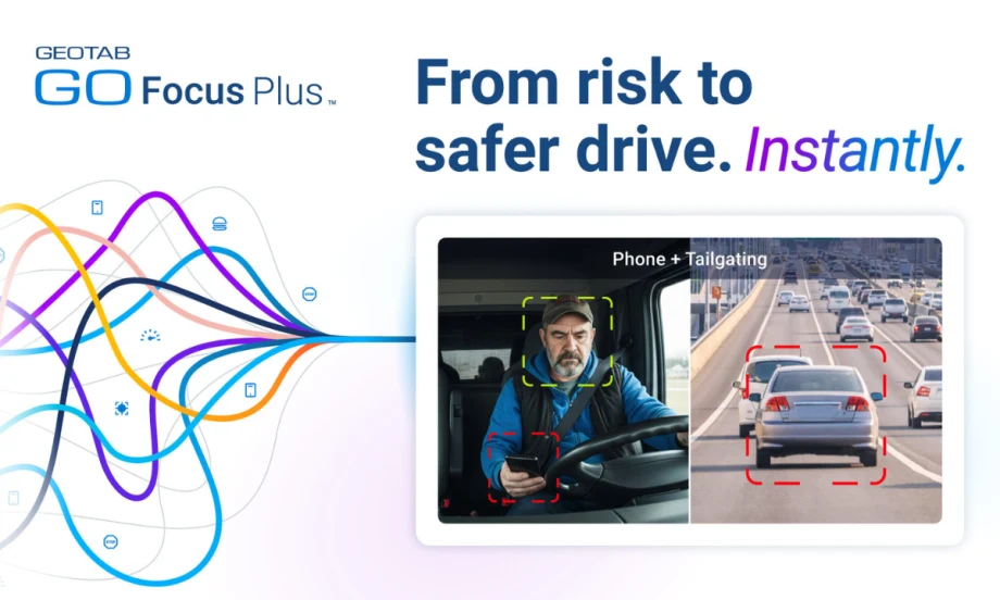 Illustration showing Geotab GO Focus Plus detecting a truck driver using a phone and tailgating on a highway, with alerts highlighted on the screen.