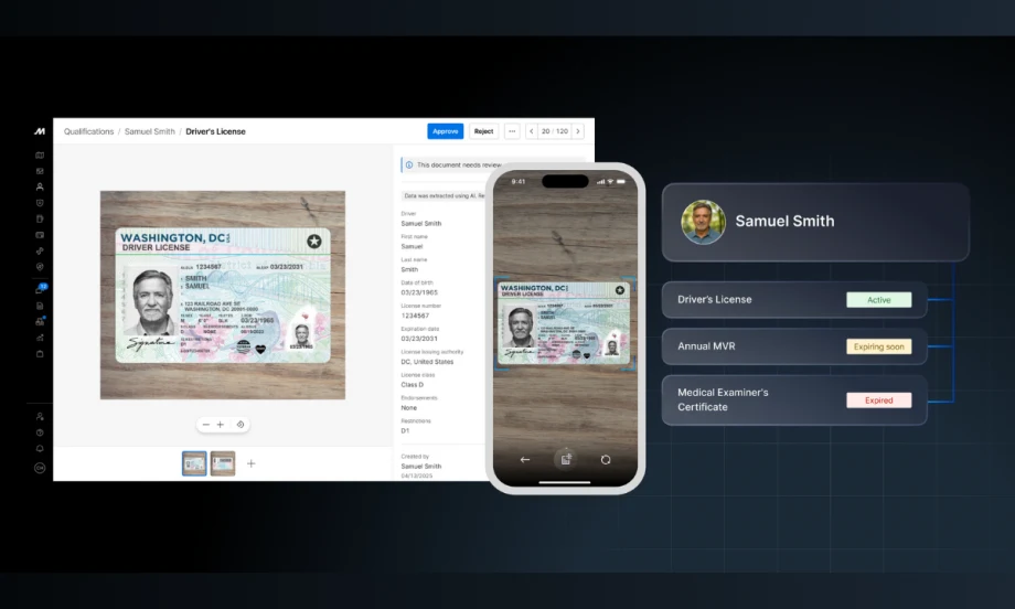 Screenshot showing Motive’s AI Document Capture tool scanning a driver’s license, extracting details such as expiration date, and displaying compliance status updates.