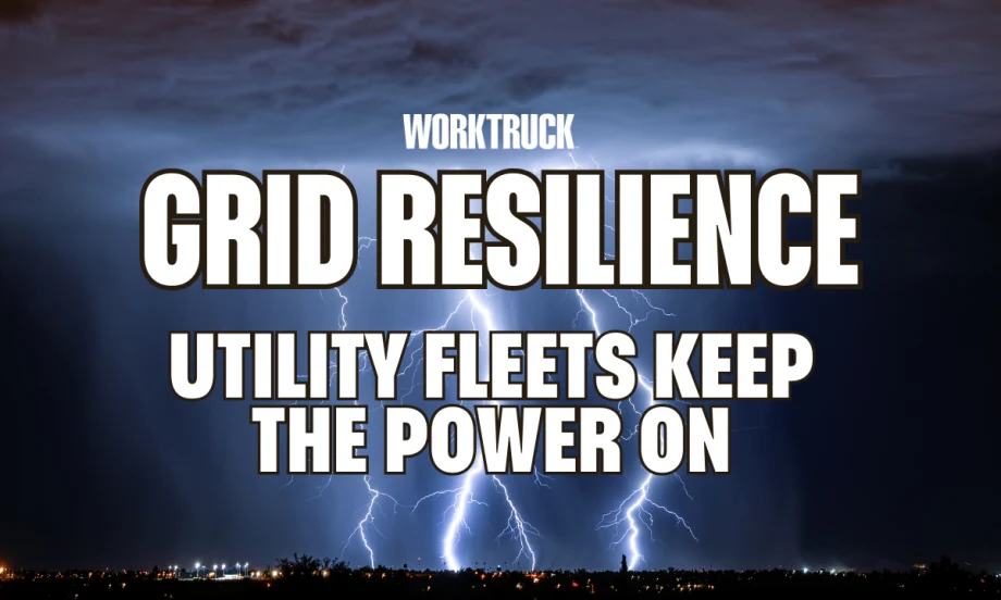 Lightning storm over a city with text reading “Grid Resilience Utility Fleets Keep the Power On,” highlighting the role of utility fleets in disaster response and power restoration.