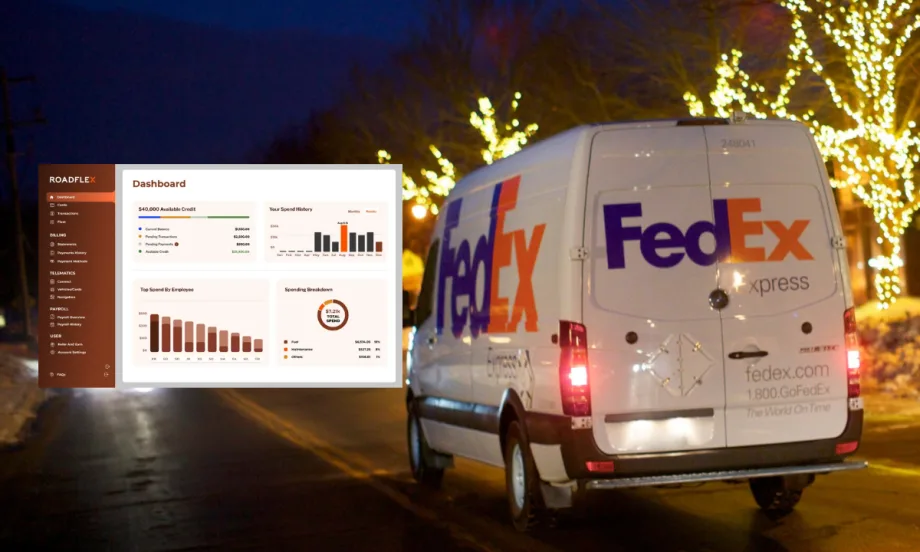 FedEx delivery van at night with RoadFlex fleet dashboard overlay showing spend history, employee costs, and breakdown of fuel and maintenance.
