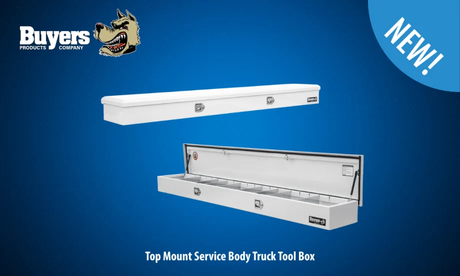 Buyers Products Top Mount Service Body Truck Tool Box shown closed (top) and open (bottom) with adjustable dividers, white powder-coated finish, and stainless-steel latches.