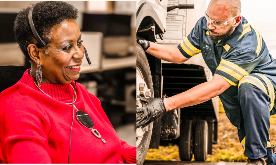 Split image showing a fleet call center agent on a headset and a roadside technician repairing a truck tire, representing Cox Automotive’s combined fleet services and support.