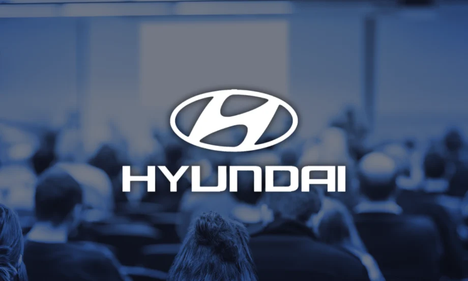 Hyundai logo displayed at CEO Investor Day event, where the company outlined its electrification, software, and manufacturing strategy to investors in New York.