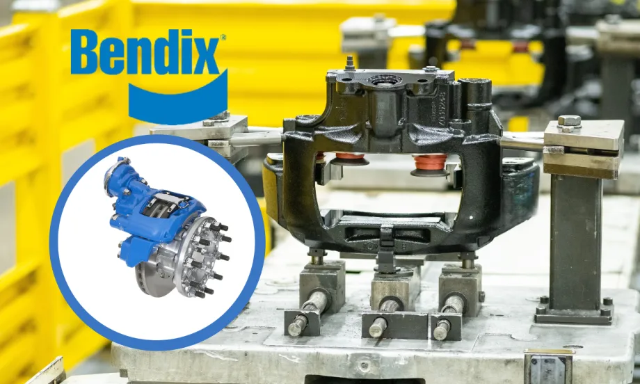 Background photo of the manufacturing of an air disc brake, inset photo in a circle of a finished disc brake, and a logo for Bendix top left.