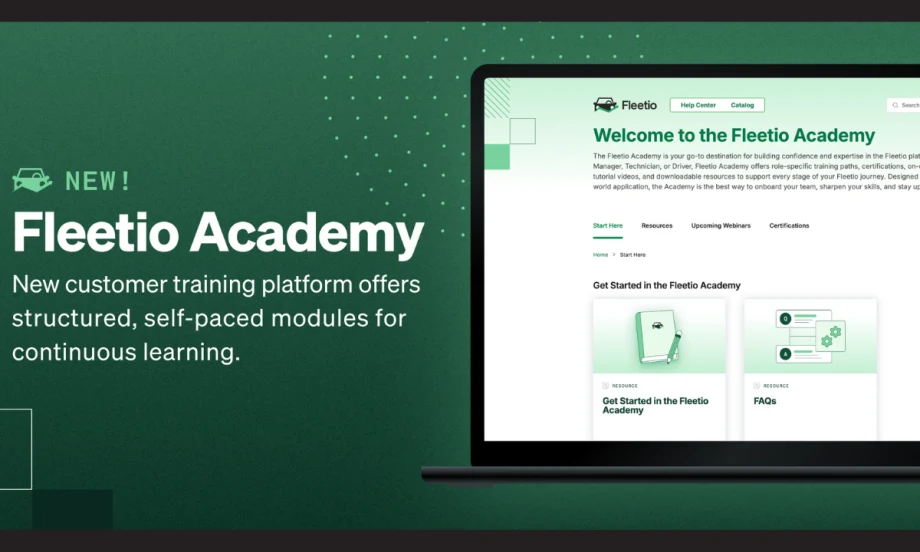 Green background with inset image of laptop screen and headline and white text for Fleetio Academy.