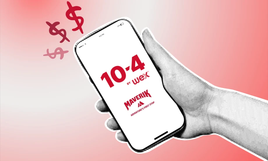 Illustrated hand holding a smartphone displaying WEX and Maverik logos, with dollar signs floating above against a red gradient background.