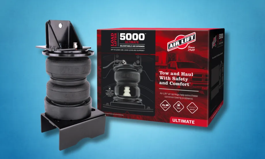 Air Lift LoadLifter 5000 Ultimate air spring kit shown next to retail packaging.