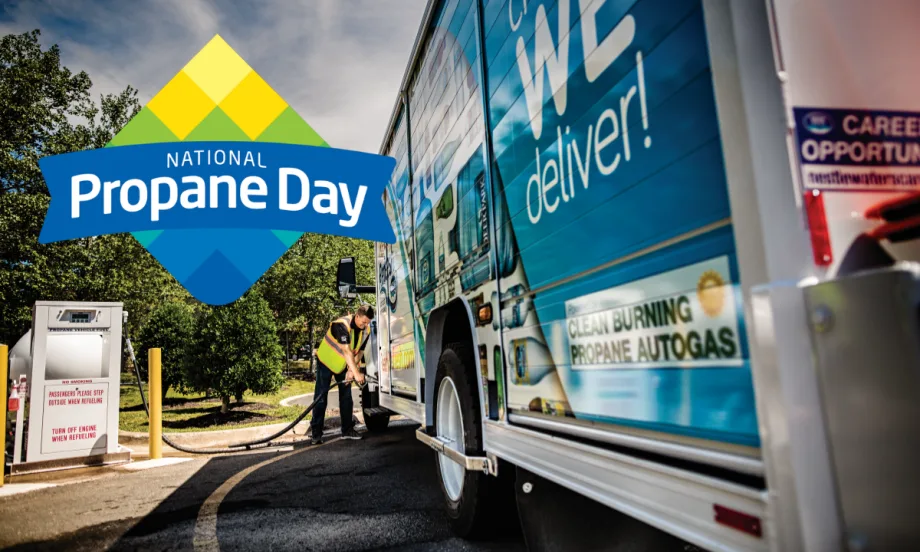 National propane day logo on top of propane powered work truck image
