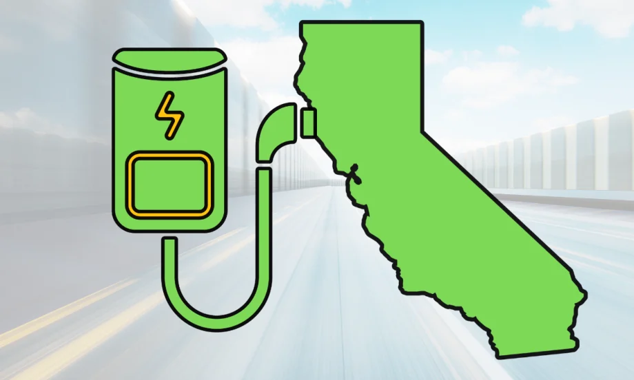Illustration of an EV charging plug next to the outline of California, symbolizing the state’s expanding charging infrastructure.