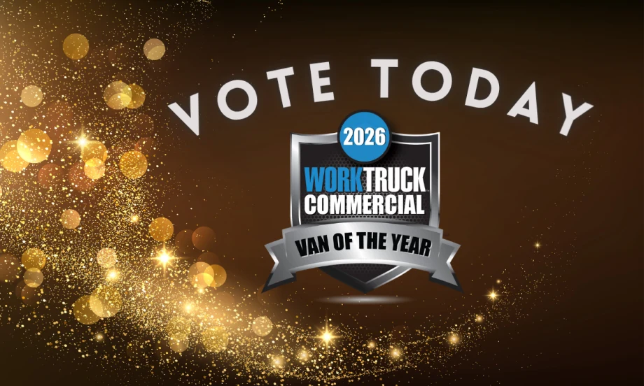Vote today, 2026 Work Truck Commercial Van of the Year logo on golden background.