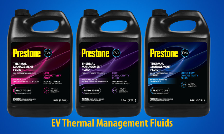 Three one-gallon jugs of vehicle fluids set against blue background and yellow headline for EV Thermal Management Fluids.