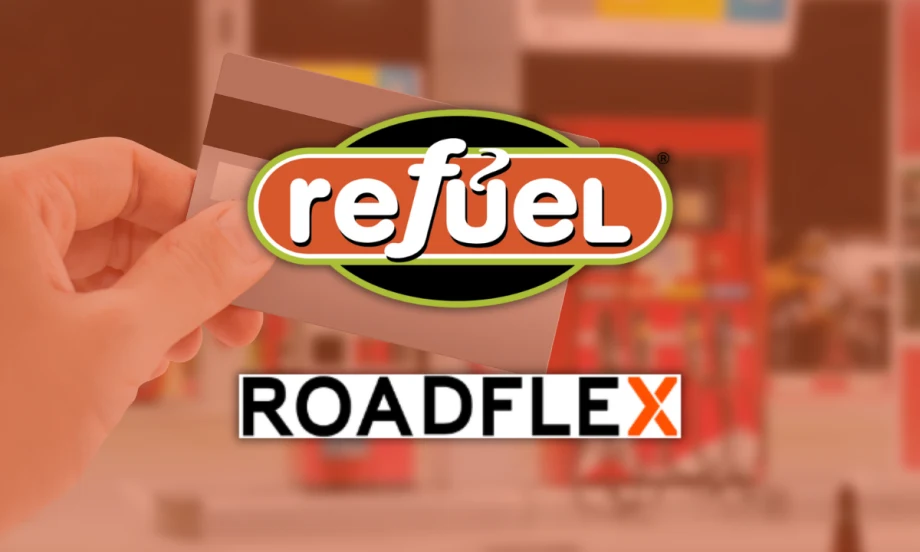 Logos of Refuel and RoadFlex over a blurred image of a gas station, representing their new partnership expanding fleet fueling access and savings.