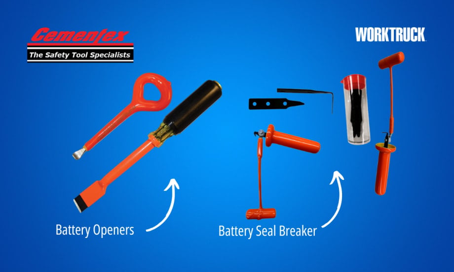 Cementex Battery Openers and Battery Seal Breakers on blue background