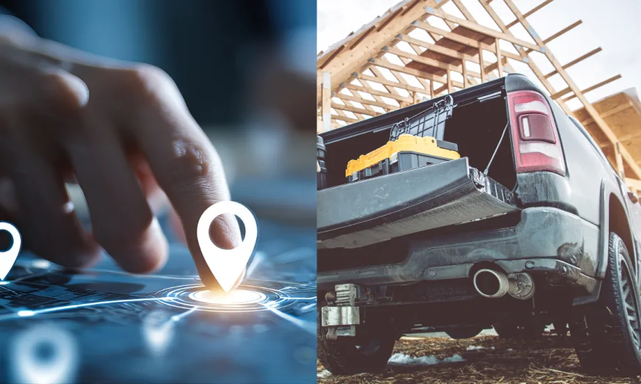 Hand using digital GPS map alongside a work truck loaded with tools at a construction site, symbolizing connected fleet management and real-time field service integration.