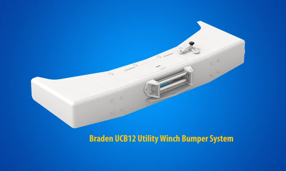 Photo of a white winch bumper against a blue background and yellow test for Braden UCB12 Utility Winch Bumper System.