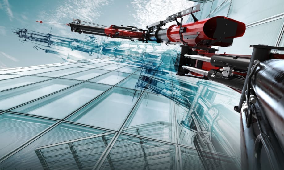 Creative photo looking upward showing the side of a glass building and an articulated truck crane reaching toward the top.