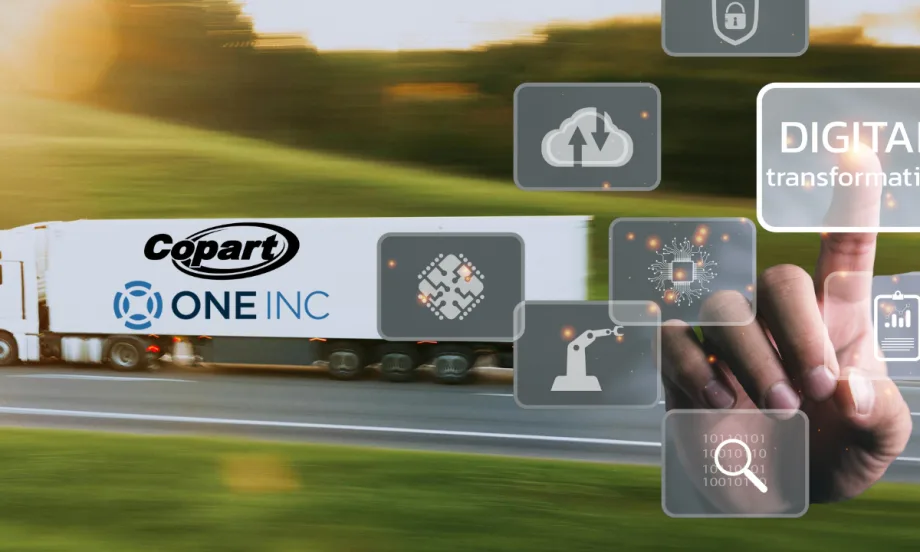 Truck with One Inc and Copart logos showing digital payment and automation icons representing faster lienholder payments.