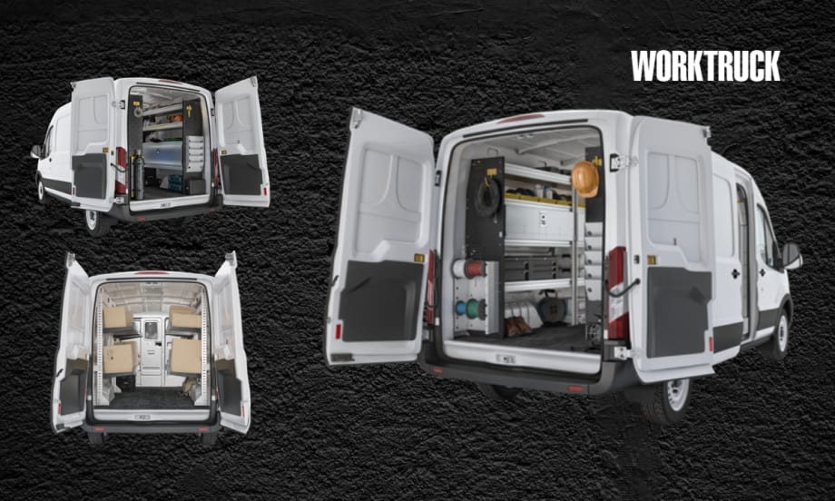Ford Transit vans with factory-installed shelving, bins, and storage systems for contractors, electricians, and delivery fleets, shown with open rear doors on a textured black background