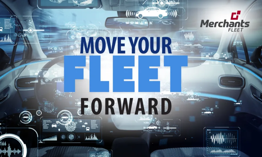 Interior of a modern vehicle with digital dashboard graphics overlay and the words “Move Your Fleet Forward” beside the Merchants Fleet logo.