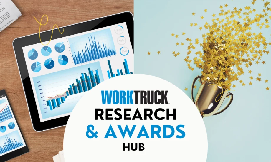 Tablet displaying charts beside a trophy spilling gold stars with text that reads “Work Truck Research and Awards Hub.”