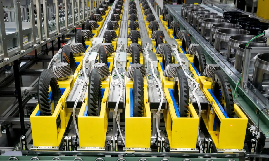 Differential gears organized on conveyor system at Toyota Alabama factory in Huntsville.