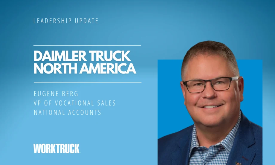 Blue background with inset photo of man in business attire and white lettering for Leadership Update, the company name, and the man's name.