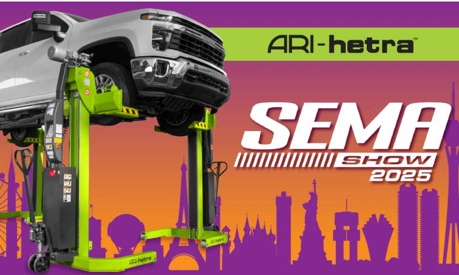 bright purple and orange and yellow graphc about SEMA Show with an image of a truck on a lift.