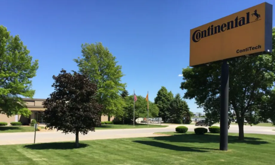 Front view of the Continental ContiTech plant entrance in Mount Pleasant, Iowa, featuring the Continental sign and landscaped grounds.