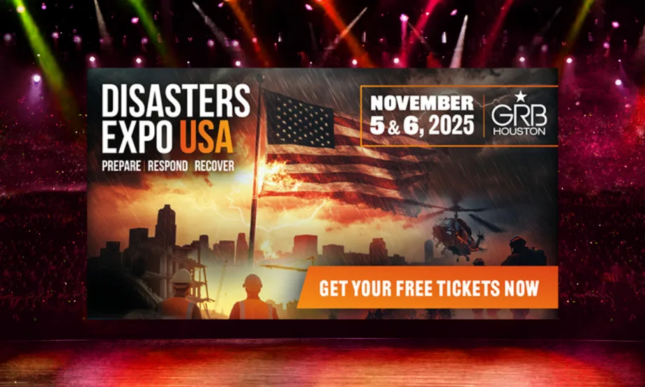 Disasters Expo USA banner promoting November 5–6, 2025, event in Houston, Texas, focused on preparation, response, and recovery with free ticket offer.