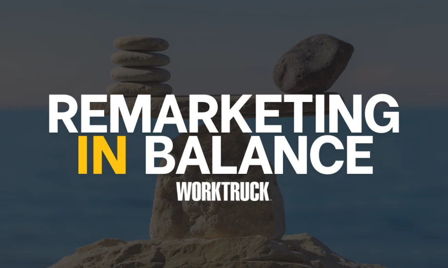 Stacked stones balancing over water with text “Remarketing in Balance,” representing the stable yet cautious 2025 used truck market and fleet remarketing trends.