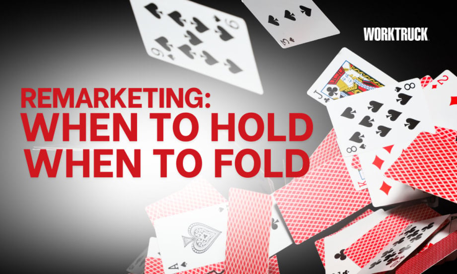 Playing cards scatter across a dark background with bold red text reading “Remarketing: When to Hold, When to Fold,” representing fleet managers’ strategic decisions on vehicle resale timing.