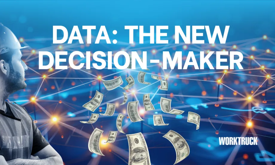 A fleet professional looks toward a glowing digital network as dollar bills float upward, symbolizing how data, technology, and analytics drive smarter fleet remarketing and resale decisions.