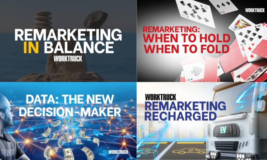 Four cover graphics from Work Truck’s 2025 Remarketing Report Series highlighting themes of balance, timing, data, and electrification in today’s evolving fleet resale market.