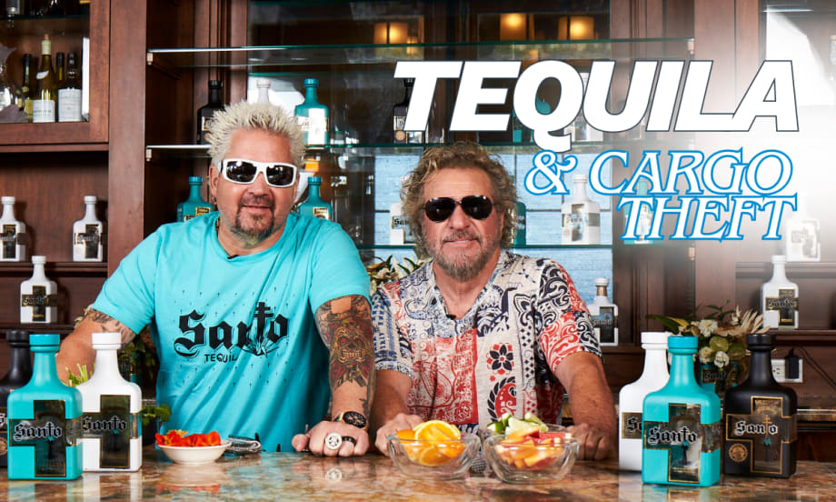 Guy Fieri and Sammy Hagar standing behind bottles of Santo Tequila, representing a digital cargo theft case involving stolen shipments worth over $1 million.
