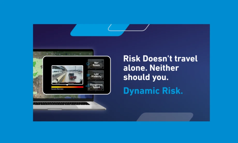 Blue background with an inset darker blue box with a computer image and statement Risk Doesn't travel alone neither should you.and Dynamic Risk logo.