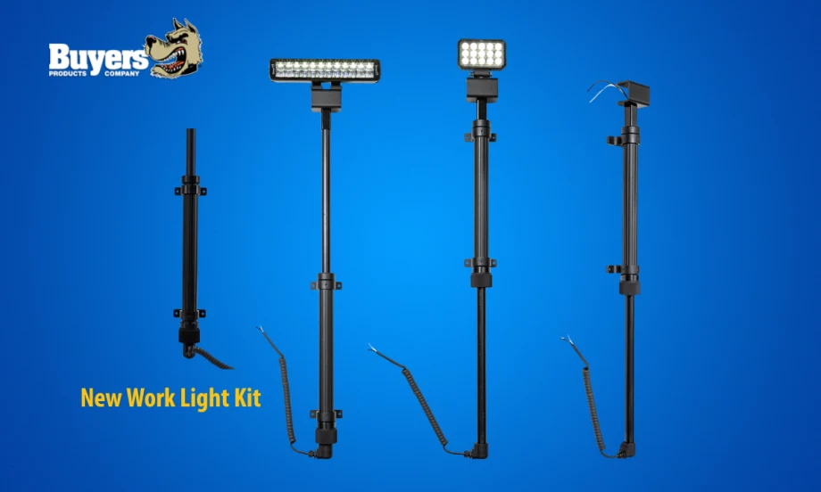 Set of work truck lights on extendable booms set against a blue background and a logo for Buyers Products.