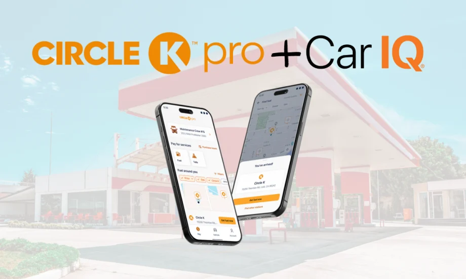 Two smartphones display the Circle K Pro Digital+ app for vehicle-based payments, shown in front of a Circle K fuel station.
