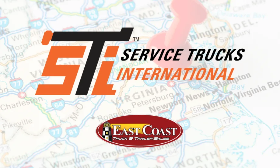 Logos of Service Trucks International and East Coast Truck & Trailer Sales over a Virginia map, highlighting a new dealer partnership serving Portsmouth and Manassas.