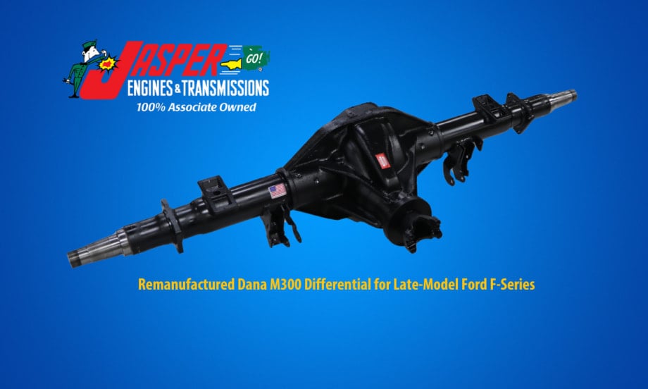 Blue background with image of a truck differential and a logo for Jasper Engines & Transmissions.